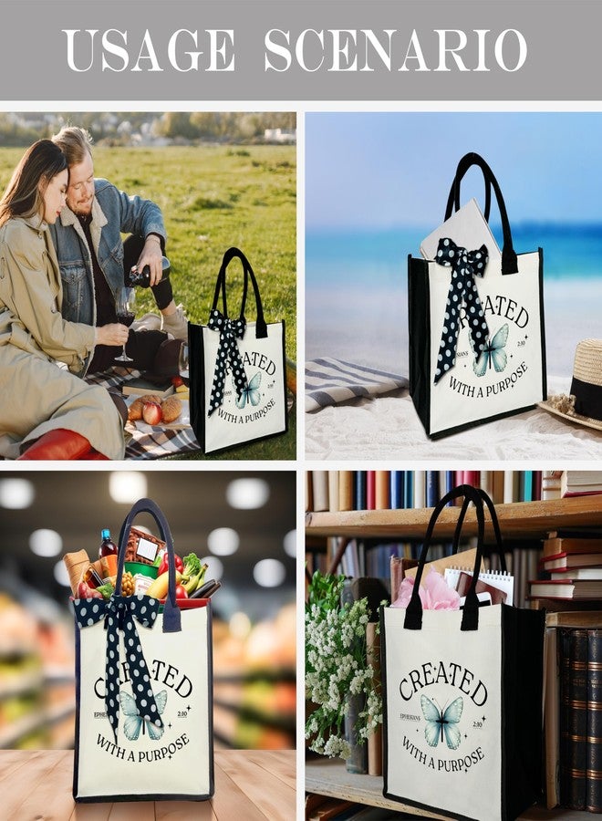BXVRT Christian Shoulder Beach Bag, Created With A Purpose Canvas Tote Bag, Inspirational Gifts For Women, Bible Verse Butterfly Shopping Bag, Birthday Christmas Motivational Gifts For Friends -30 - Image 4